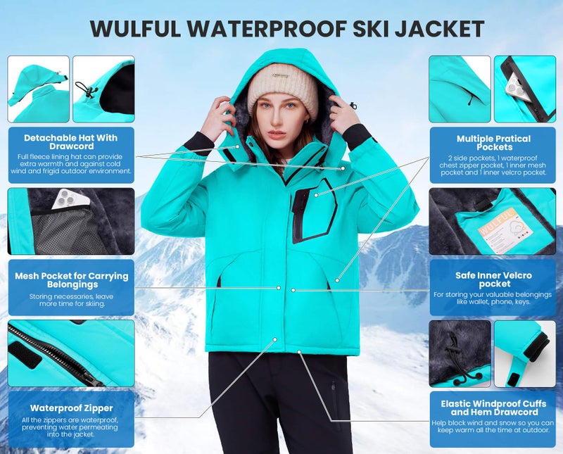 WULFUL Women's Waterproof Ski Jacket Warm Winter Coats Windproof Winter Jackets for Women Fleece Lined Windbreaker with Hood - Image 5
